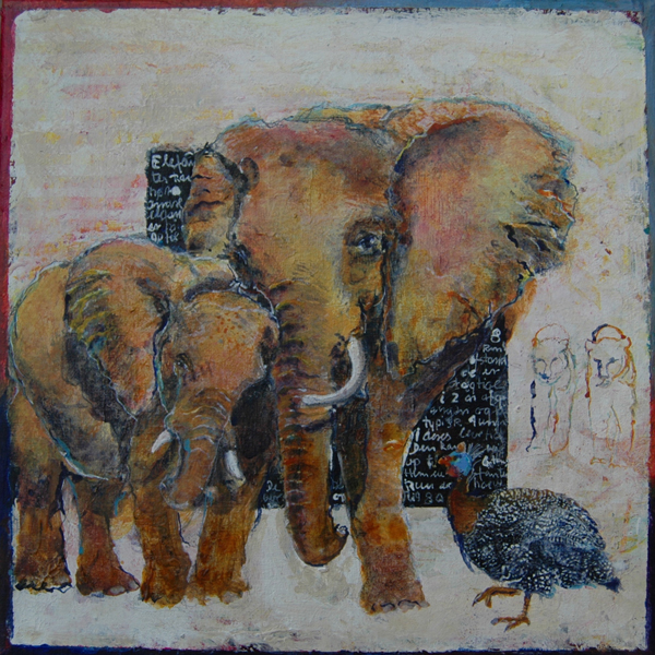 Afrikans Elefant med unge. 30x30 + ramme